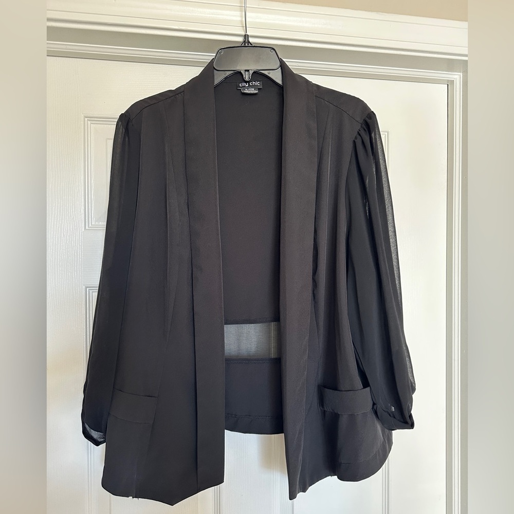 City Chic drapey black sheer chiffon blazer